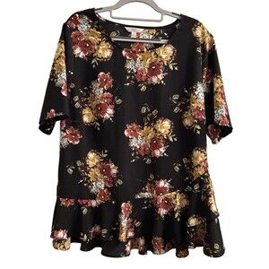 Time and Tru Women's Black Floral Ruffle Peplum Top Size XL 16-18